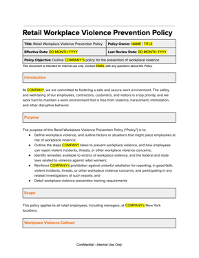 NY Retail Workplace Violence Prevention Policy Template